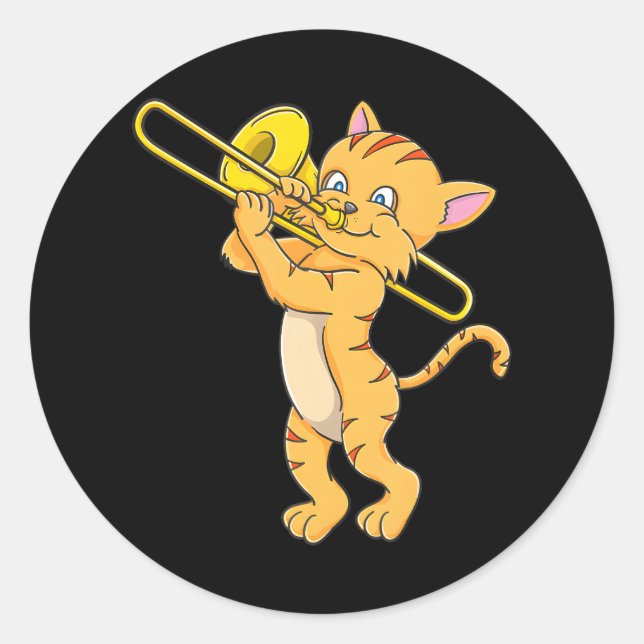Cat Playing Trombone Marching Band Trombone Classic Round Sticker (Front)