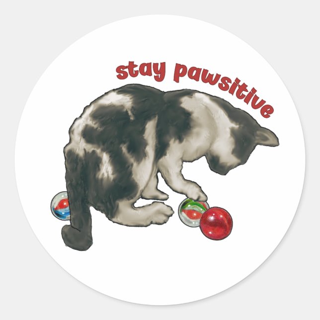 Cat Playing with MARBLES, Stay Pawsitive, Pun Classic Round Sticker (Front)