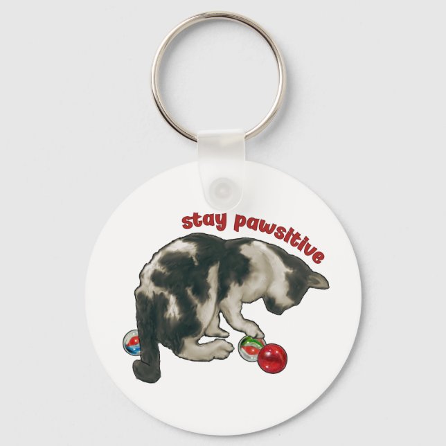Cat Playing with MARBLES, Stay Pawsitive, Pun Keychain (Front)