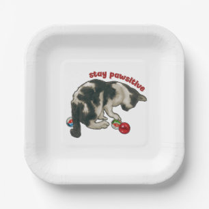Cat Playing with MARBLES, Stay Pawsitive, Pun Paper Plate