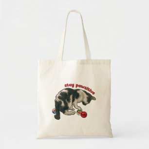 Cat Playing with MARBLES, Stay Pawsitive, Pun Tote Bag