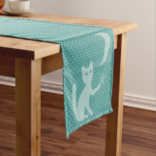 Cat Playing with Moon and Star Short Teal Table Runner