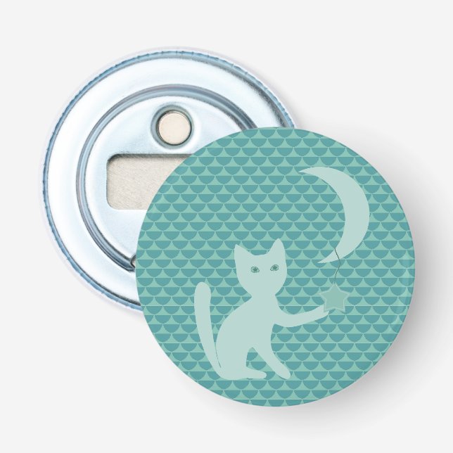 Cat Playing with Moon and Star Teal Bottle Opener (Front)