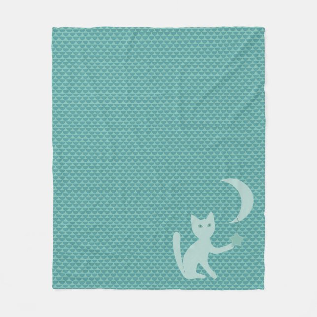 Cat Playing with Moon and Star Teal Fleece Blanket (Front)