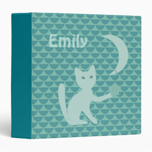 Cat Playing with Moon and Star Teal Personalised Binder