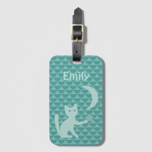 Cat Playing with Moon and Star Teal Personalised Luggage Tag