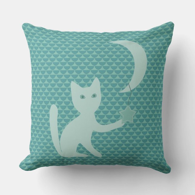Cat Playing with Moon and Stars Teal Throw Pillow (Front)