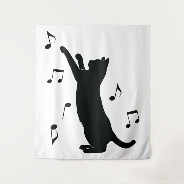 Cat Playing with Musical Notes in Silhouette Tapestry (Front)
