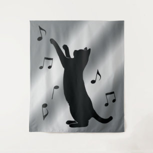 Cat Playing with Musical Notes in Silhouette Tapestry