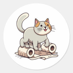 Cat Playing with Toilet Paper Classic Round Sticker