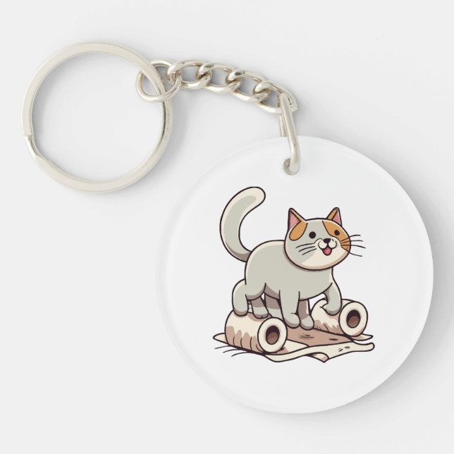 Cat Playing with Toilet Paper Keychain (Front)