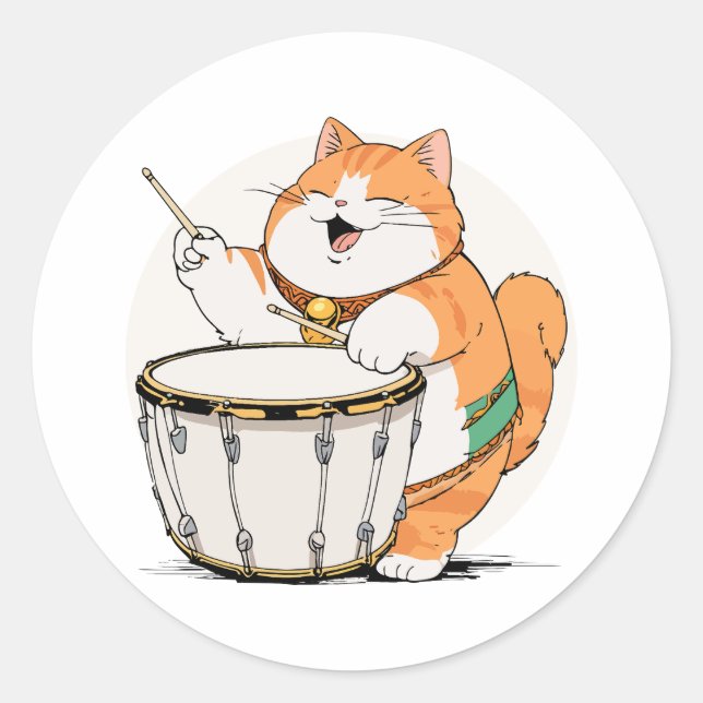 Cat Plays The Drum Classic Round Sticker (Front)