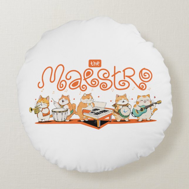 Cat Plays The Guitar Round Pillow (Back)