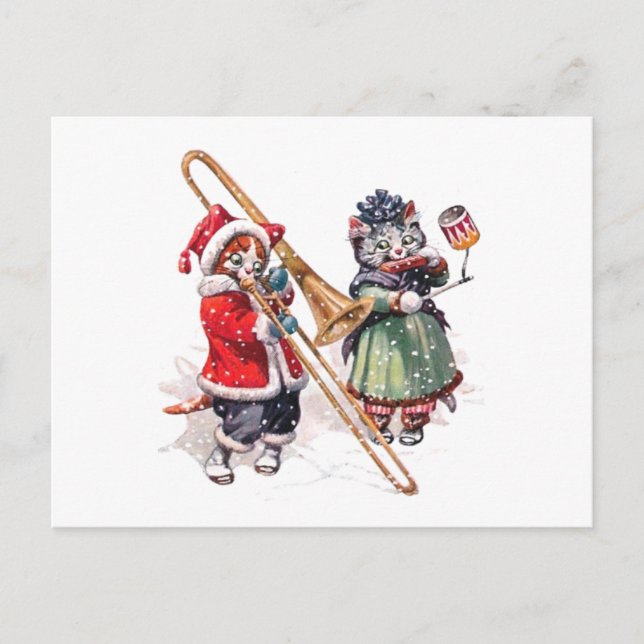 Cat Plays Trombone in the Snow Postcard (Front)