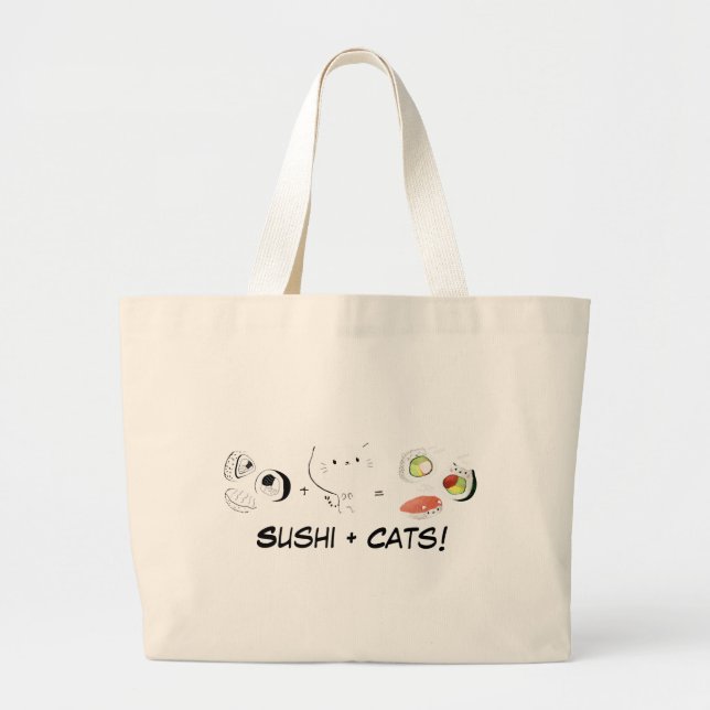 Cat plus Sushi equals Cuteness! Large Tote Bag (Front)