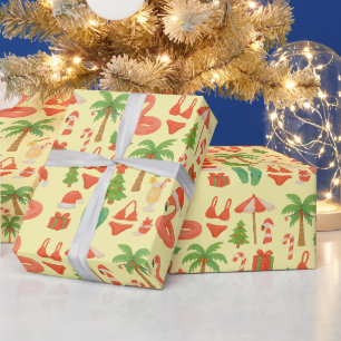 Cat Pool Party with Flamingo Christmas in July Wrapping Paper
