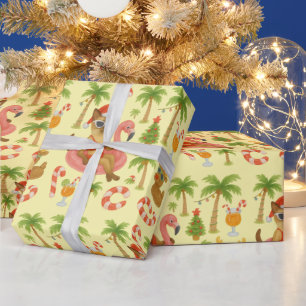 Cat Pool Party with Flamingo Christmas in July Wrapping Paper