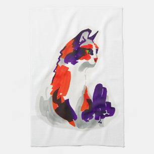 Cat Portrait – Bold Graphic Art Orange and Violet Kitchen Towel