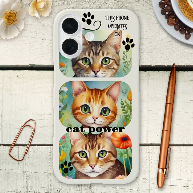 Cat Power Funny Purring Device Phone Case  (Phone case featuring 3 paintings of cute cats (or your photos) with tiny feet prints and one whisker)