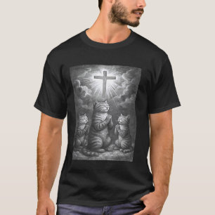 Cat Praying Jesus Cross Praising Worship God Praye T-Shirt