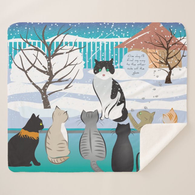 Cat Print Sherpa Blanket (Aqua) (Front (Horizontal))