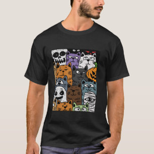 Cat Printed Halloween Design Spooky Skull Skeleton T-Shirt