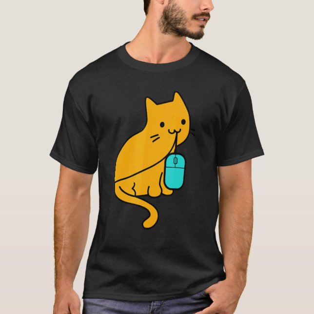Cat programmer gamer eating PC gaming mouse T-Shirt (Front)