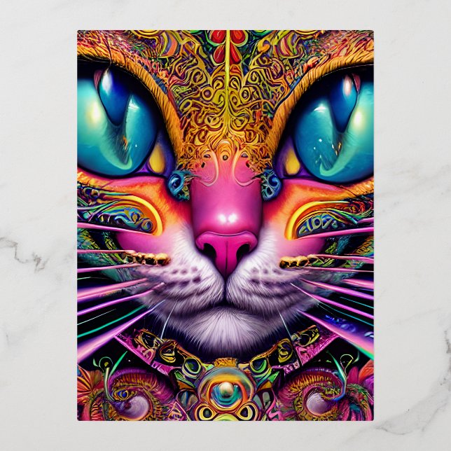 Cat Psychedelic Fantasy Character Portrait Foil Holiday Postcard (Front)