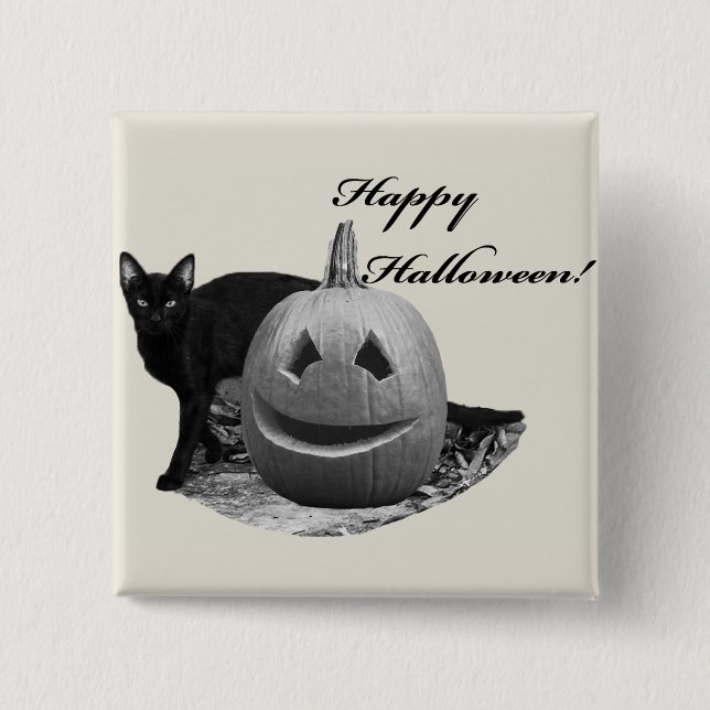 Cat & Pumpkin Happy Halloween 2 Inch Square Button (Front)