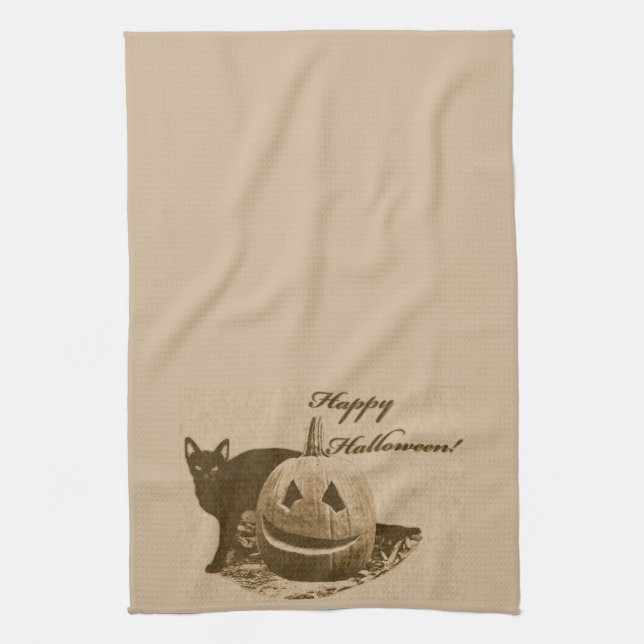 Cat & Pumpkin Happy Halloween Kitchen Towel (Vertical)