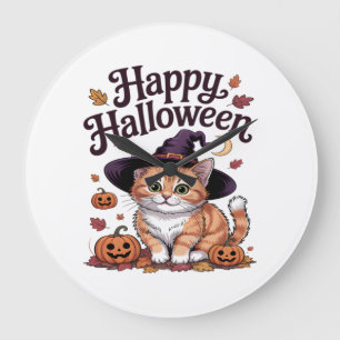Cat Pumpkin Happy Halloween Large Clock