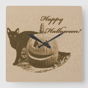 Cat & Pumpkin Happy Halloween Square Wall Clock