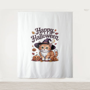 Cat Pumpkin Happy Halloween Tapestry