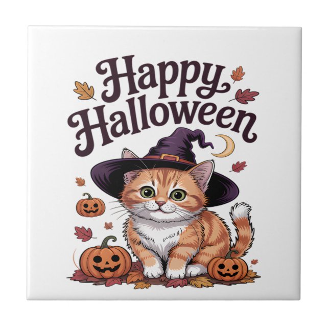 Cat Pumpkin Happy Halloween Tile (Front)
