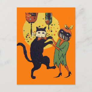 Cat & Pumpkin Masquerade Postcard