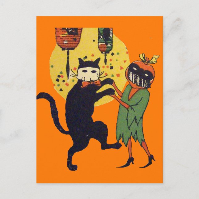 Cat & Pumpkin Masquerade Postcard (Front)
