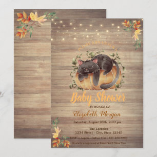 Cat,Pumpkin,String Lights,Wood Texture Baby Shower Invitation