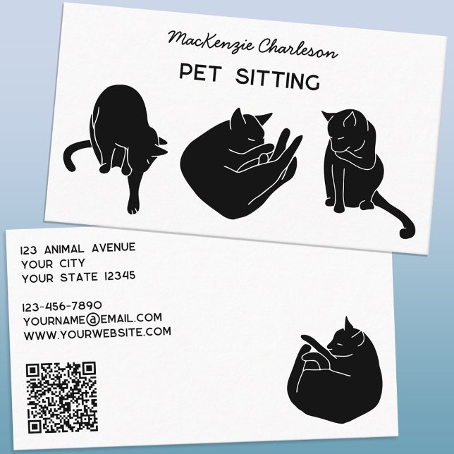 Cat QR Code Pet Services Minimalist Business Card (Modern minimalist block print cats personalized QR code pet sitting business cards)