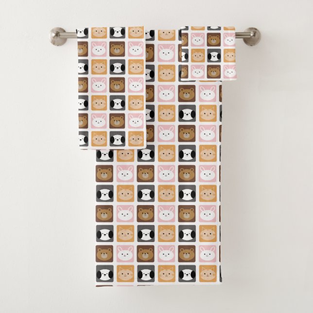 Cat, Rabbit, Dog and Bear pattern Bath Towel Set (Insitu)