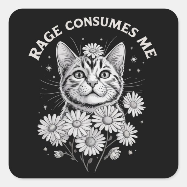 Cat Rage Consumes Me Funny Sarcastic Kitten Flower Square Sticker (Front)