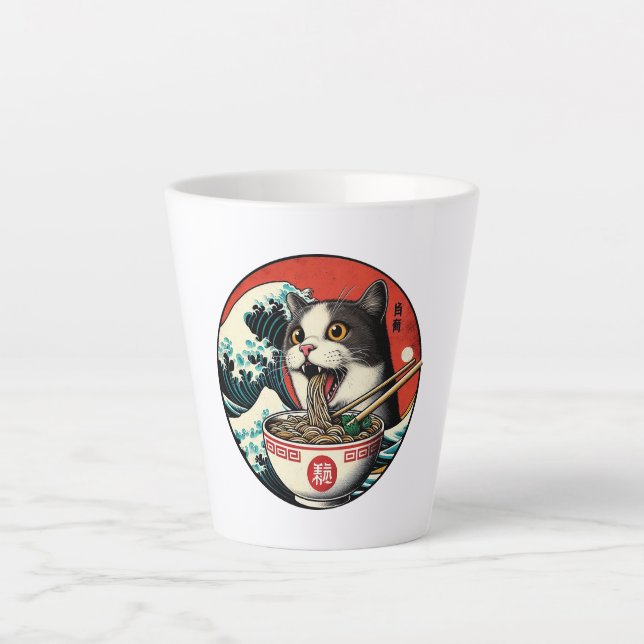 Cat Ramen Japanese Art Vintage Style Latte Mug (Front)