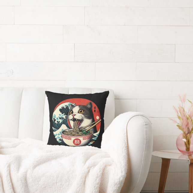 Cat Ramen Japanese Art Vintage Style Throw Pillow (Couch)