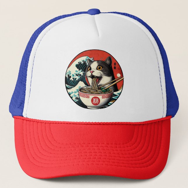 Cat Ramen Japanese Art Vintage Style Trucker Hat (Front)