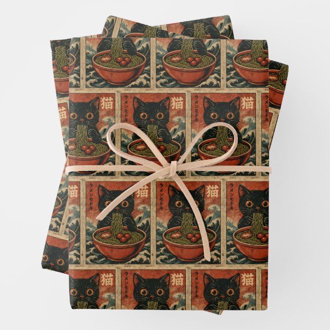 Cat Ramen Japanese Funny Graphic Kawaii Cat Anime Wrapping Paper Sheet (In situ)