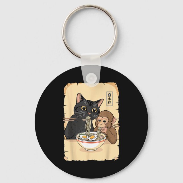 Cat Ramen Monkey Shirt Funny Cat Monkey Eating Ram Keychain (Front)