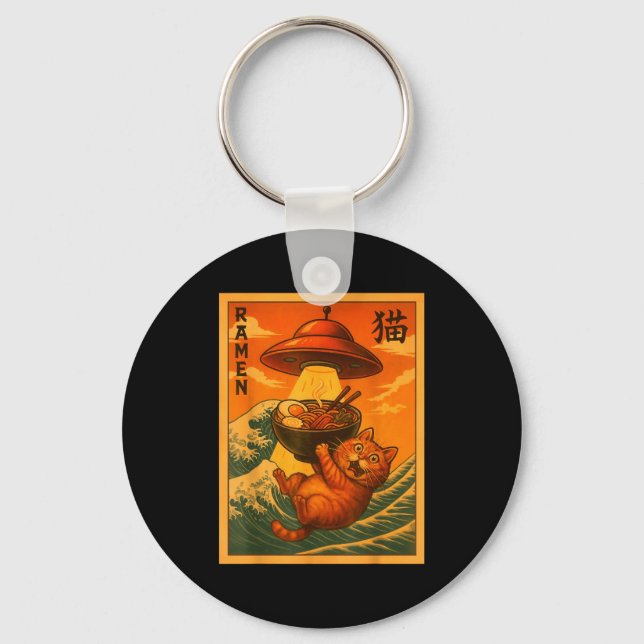 Cat Ramen Ufo Funny Japanese Anime Men Women Teens Keychain (Front)