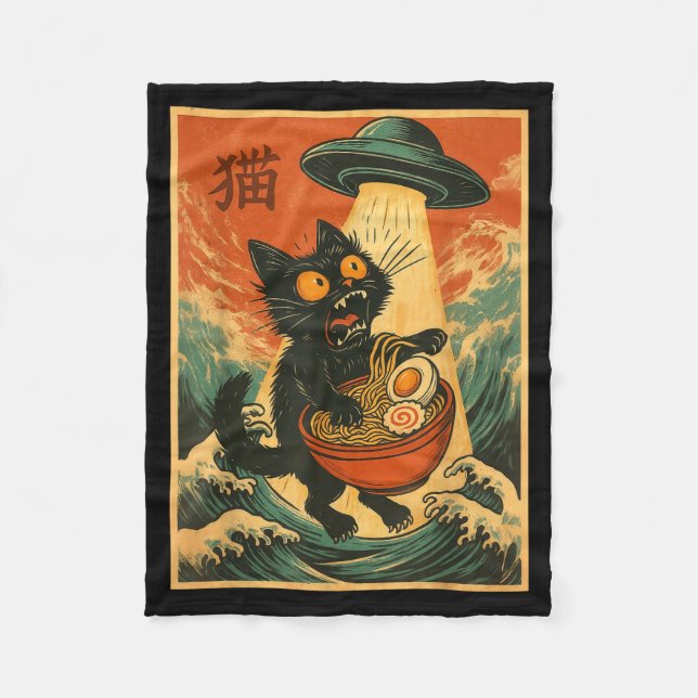 Cat Ramen Ufo Funny Japanese Anime Tee Men Women T Fleece Blanket (Front)