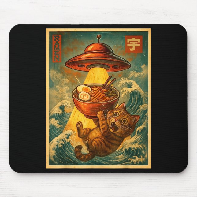 Cat Ramen Ufo Funny Men Women Teens Kids Japanese  Mouse Pad (Front)