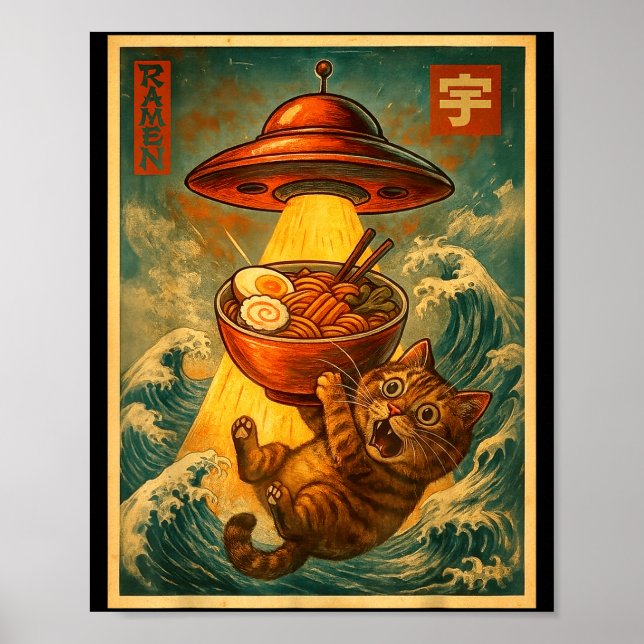 Cat Ramen Ufo Funny Men Women Teens Kids Japanese  Poster (Front)
