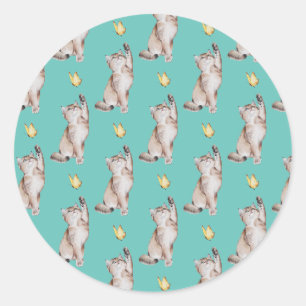 Cat Reaching For Yellow Butterfly on Light Teal Classic Round Sticker